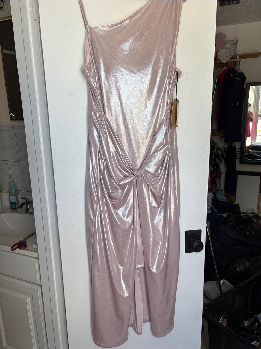 Halogen Metallic Pale Pink Twist-Front Midi Dress